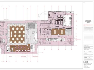 A detailed architectural drawing of a modern restaurant with ceramic tiles, featuring tables, chairs, and a kitchen layout.