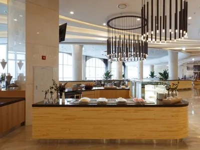 Modern restaurant interior featuring wood elements