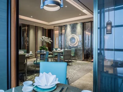 Modern restaurant with glass and metal interior design