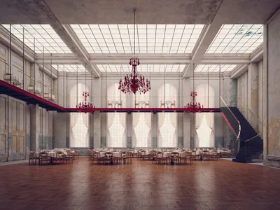Interior view of a modern restaurant with hardwood floors, concrete walls, large glass windows, and elegant chandeliers.
