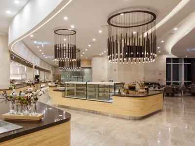 Modern-style restaurant interior featuring contemporary materials and design.