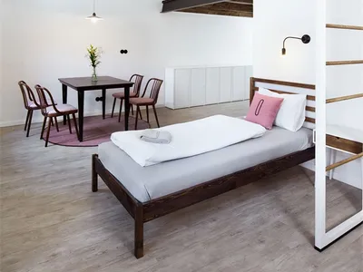 A minimalist bedroom with a single bed, wooden floor, metal ladder, and carpeted area rug.