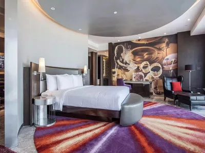 A modern hotel suite featuring contemporary furniture and a vibrant rug.