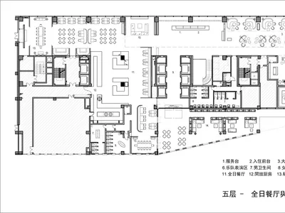 餐廳與酒吧室內平面圖，展示座位安排、電氣配置與家具擺設。