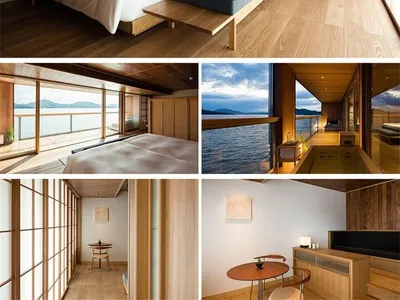 A modern minimalist bedroom suite featuring wood paneling and hardwood flooring, overlooking a scenic lake.