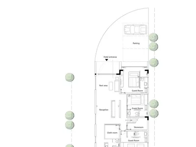 Ground floor layout of a hotel, featuring spaces like Entrance, Rest Area, Restaurant, Kitchen, Swimming Pool, and rooms.