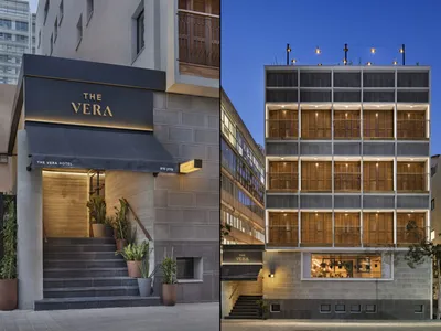 The Vera Hotel 外觀，混凝土立面、玻璃窗與木質元素。