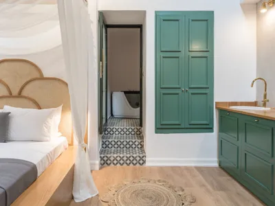Minimalist bedroom interior featuring a cane headboard bed, wooden flooring, and green painted walls with a sink and laundry