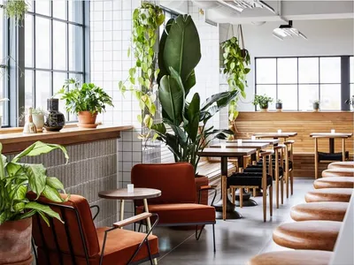 Modern cafe interior with wooden accents, terracotta seating, and white-tiled walls.