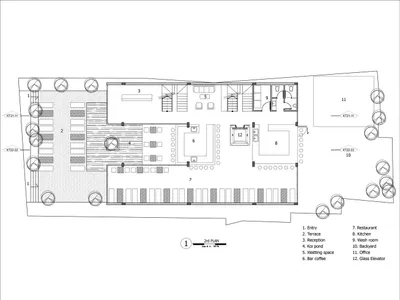 2D architectural drawing of a modern restaurant featuring concrete flooring.
