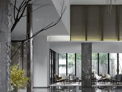 Interior of a modern restaurant featuring marble flooring, contemporary furniture, and modern lighting.