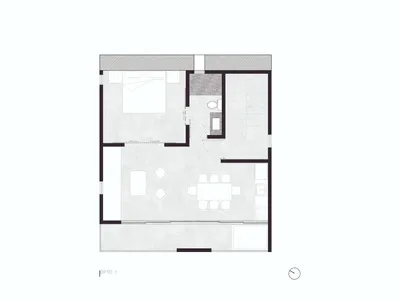 A minimalist bedroom floor plan with a bed, dresser, and nightstand
