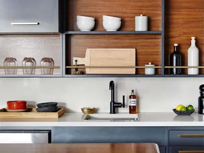 Modern kitchen with open shelving, wood finishes, and stainless steel appliances.