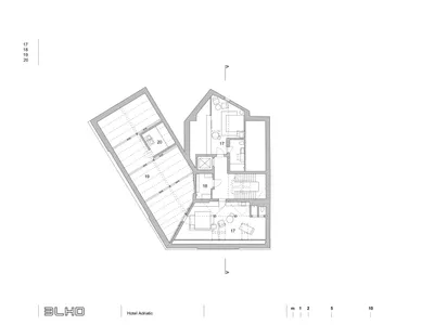 A detailed 2D architectural drawing of Hotel Adriatic's floor plan, showing room layouts and dimensions.