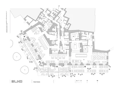 Black and white architectural floor plan of Hotel Adriatic, showing various rooms and spaces.