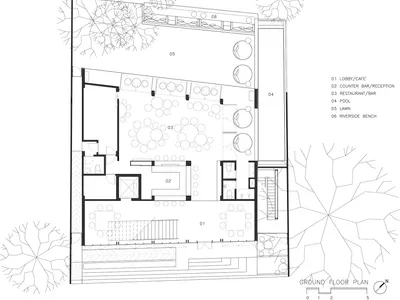 Floor plan of a hotel with various functional zones.