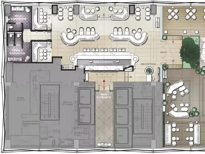 Floor plan of a modern hotel bar and reception area with concrete tiles and hardwood flooring, featuring green plant-life acc
