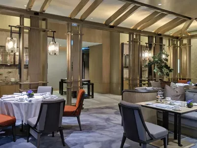 Modern restaurant interior with wood elements