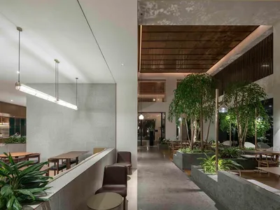Industrial-style restaurant interior with concrete walls, metal railings, and green plants.