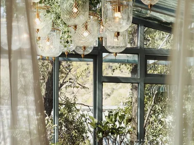 Modern commercial restaurant with glass walls, metal chairs, and green foliage.