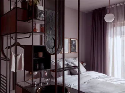 A modern bedroom featuring brown walls, metal accents, and glass elements, with a bed, shelves, and a sink visible.