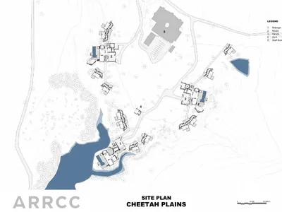 A detailed blueprint of the hotel site layout at Cheetah Plains.