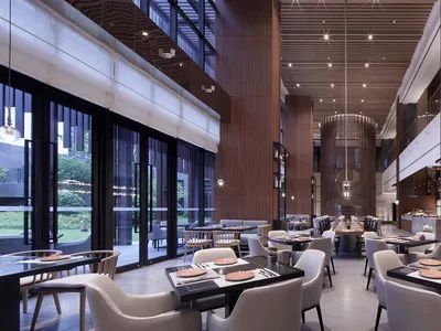 現代工業風餐廳室內，採用俐落極簡設計。
