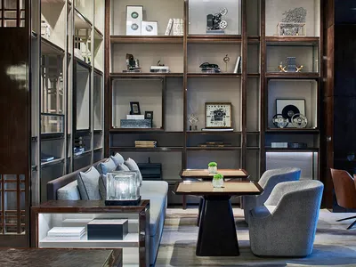Modern lounge area with contemporary furniture and shelving units displaying decorative items.