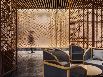Modern restaurant with wooden decor and furniture.