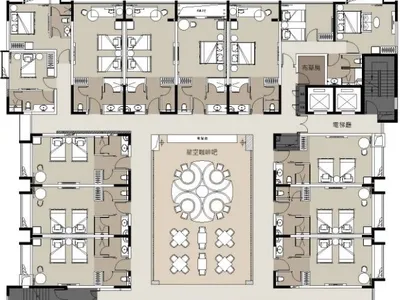 Floor plan layout of a hotel room showcasing various room features including sheets rock flooring cement lining.