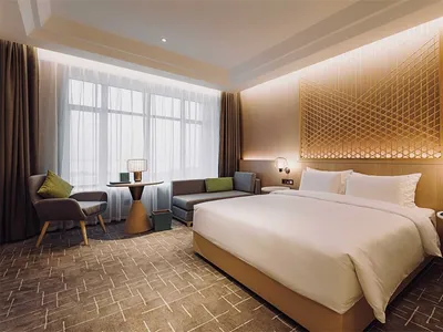 Contemporary design hotel room with modern furniture and minimalistic lighting
