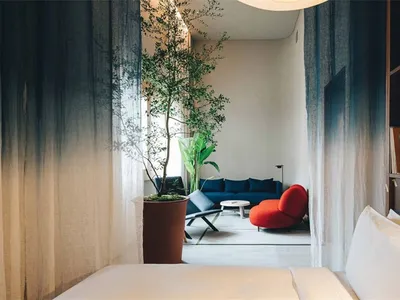 A modern bedroom featuring a bed with white sheets and pillows, a blue and red armchair, a green plant in a brown planter, an