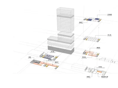 3D architectural view of a hotel lobby, showing various functional zones such as elevators, reception, and a meeting room.