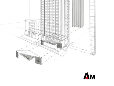 3D rendering of a hotel building with glass exterior.