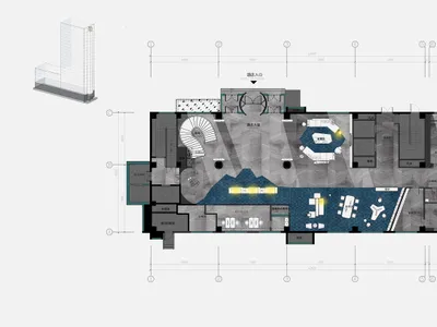 Floor plan of a hotel lobby showcasing concrete, glass, and metal materials.