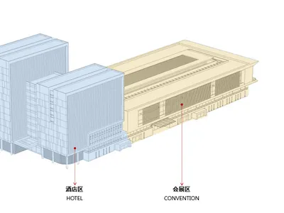 3D rendering of a modern hotel and convention center with a glass and concrete exterior.