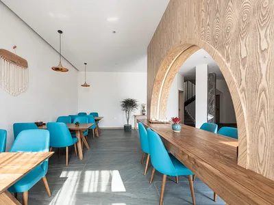 A cafe interior with wooden counters and blue plastic chairs.