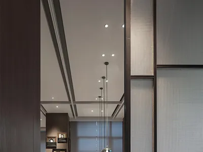 Modern restaurant and bar interior designed with concrete and glass furniture.