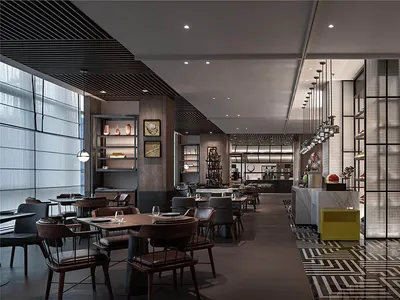 Modern restaurant interior with concrete and glass materials.