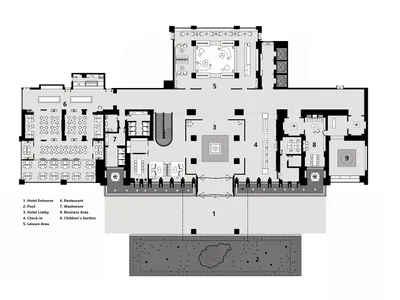 Schematic floor plan of a hotel interior showing various rooms and areas like lobby, restaurant, business area, and children'
