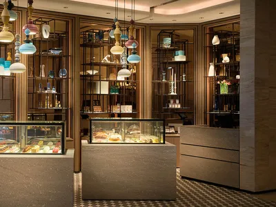A café interior featuring a mix of ceramic materials.