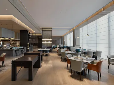 A modern restaurant interior with wooden floors, glass walls, metal accents, and leather seating.