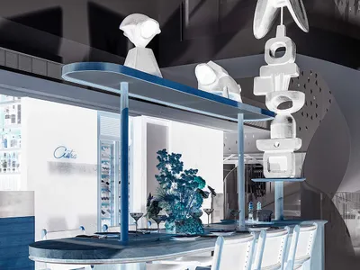 以3D透視呈現的現代工業風餐廳酒吧內部，搭配玻璃與混凝土家具。