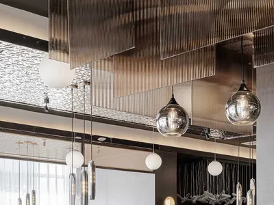 Modern restaurant interior with concrete and glass materials.