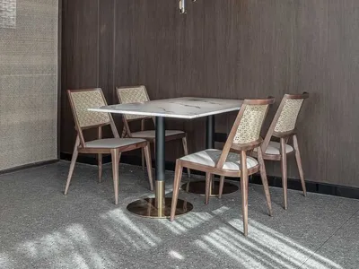 A modern dining room with wooden chairs and marble table