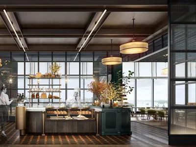 Modern bakery shop interior with wood floors, glass counter displays, and metal shelving.