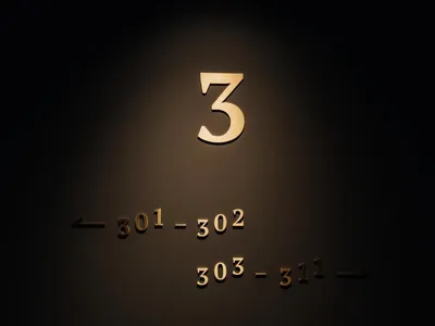 Gold metallic hotel room numbers on dark wall for floor 3.