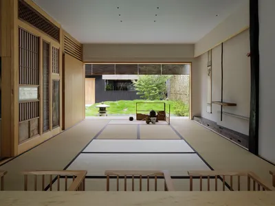 Contemporary-style living room with natural-fiber flooring and paper mats