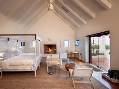 A minimalist bedroom with a white canopy bed, a fireplace, and a hanging chair outside.