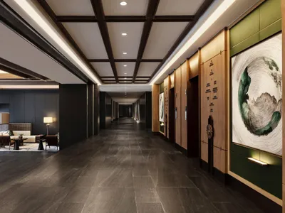 現代酒店大廳，採用混凝土與木質材料。